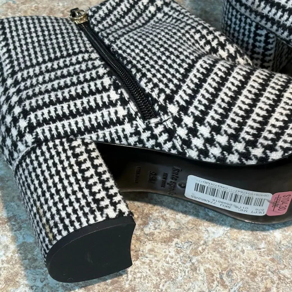 Kate Spade New York Holly Bow Houndstooth Black & White Ankle Boots Size 9.5